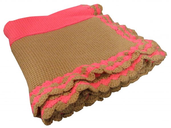 Brown & Pink Knitted Blanket with Frilly Edge