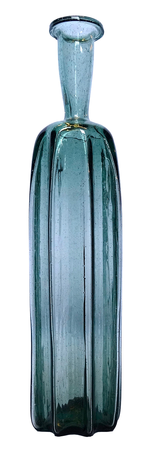 Handblown Aqua Blue Glass Vase, Vertical Ribs