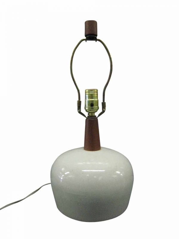 Table Lamp With Pale Grey Round Ceramic Base And Wood Details