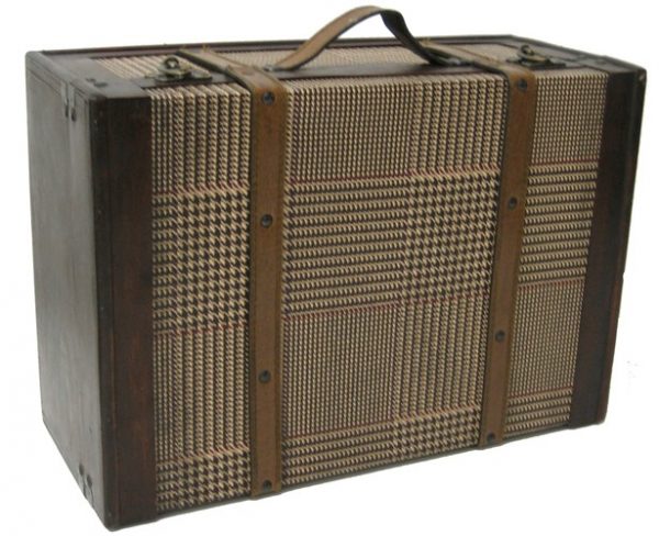 Vintage Houndstooth Suitcase With Wood And Leather Accents