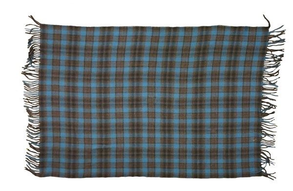 Blue Plaid Wool Blanket with Fringe