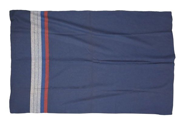 Navy Wool Blanket with Grey and Red Stripe Design