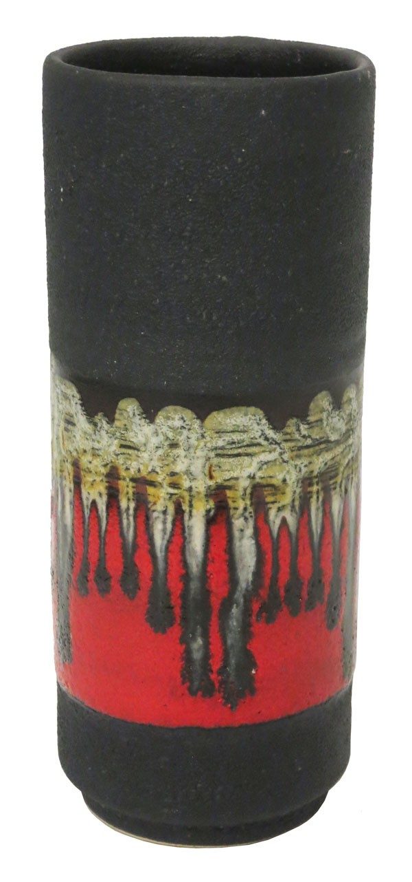 1960's German Cylinder Shape Rough Texture Red/White Organic Glaze