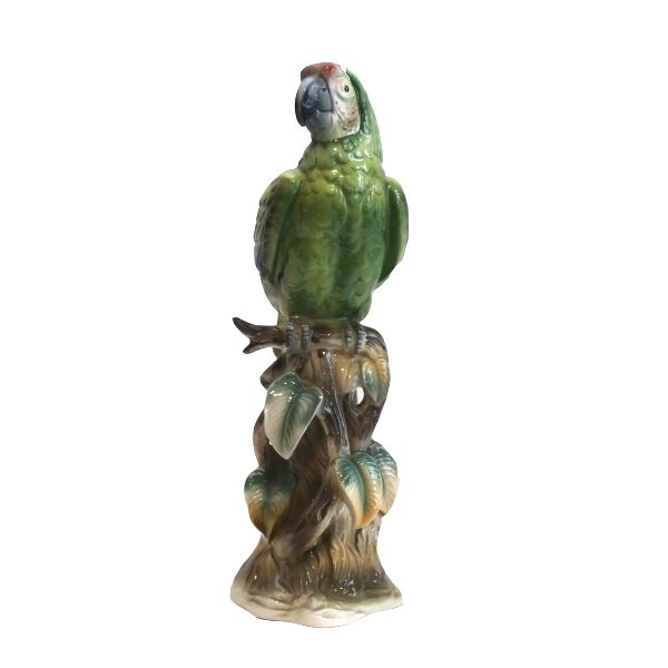Ceramic Figurine of Green Parrot on a Perch (part of tail missing)