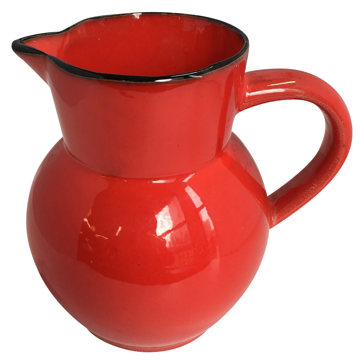 Bulbous Red Ceramic Pitcher with Black Edge Spout - Lost and Found