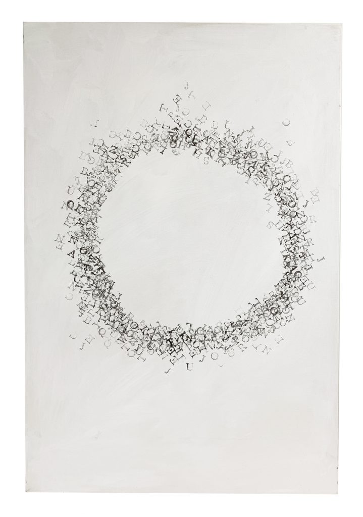 abstract-painting-of-black-letters-in-a-circle-on-white-canvas-lost-and-found